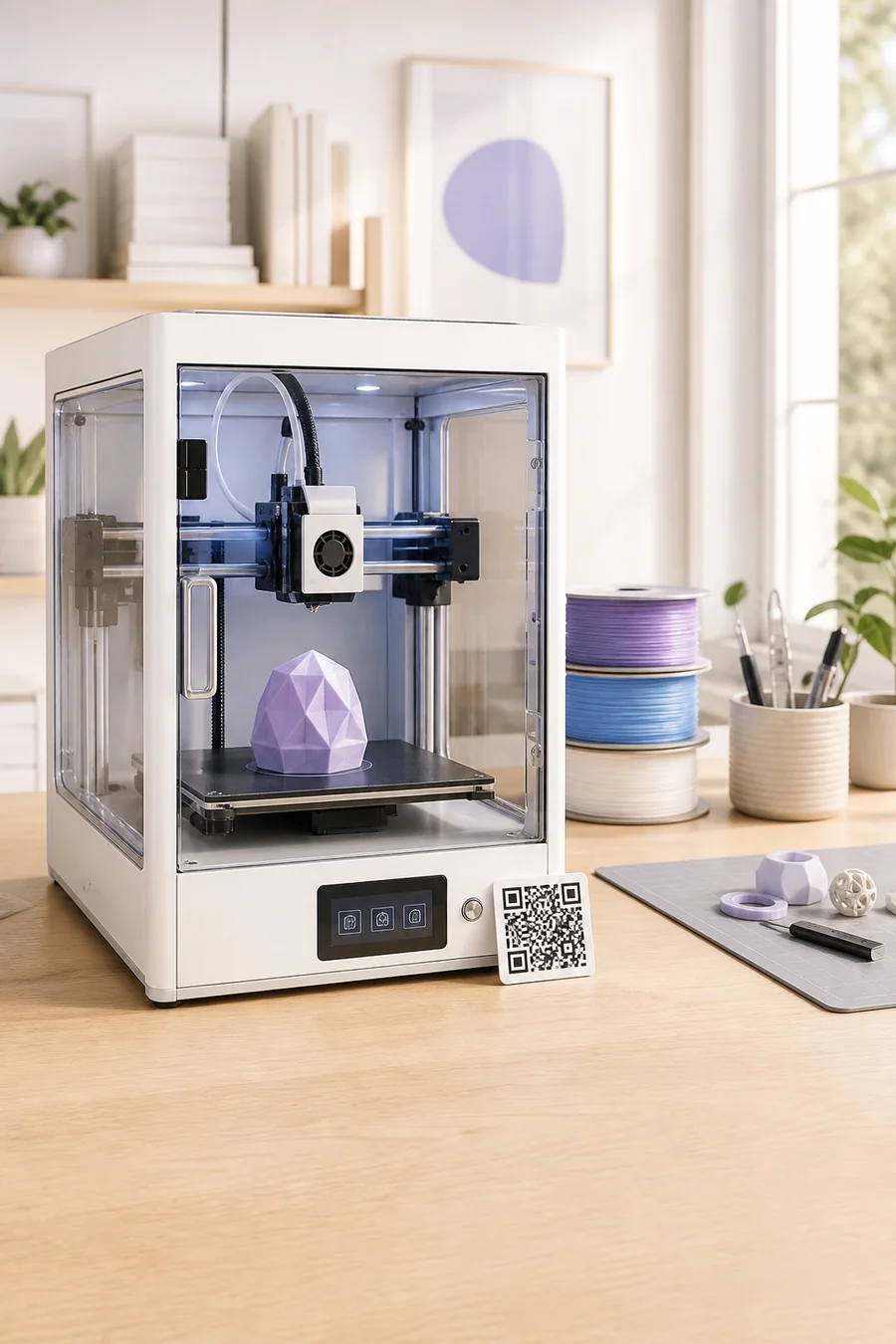 Enclosed desktop 3D printer making a geometric prototype beside a QR support card in a bright modern design studio