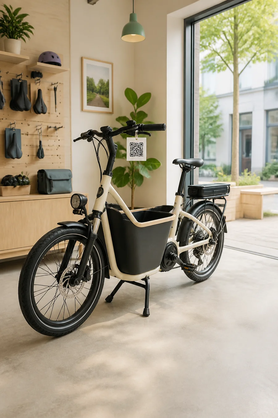Compact electric cargo bicycle with a QR support tag in a bright modern neighborhood bike studio
