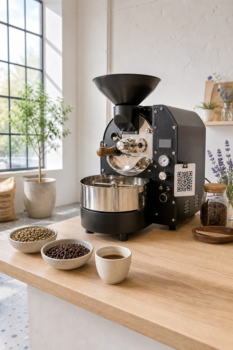 Compact specialty coffee roaster with green and roasted beans and a QR support card in a bright modern micro-roastery