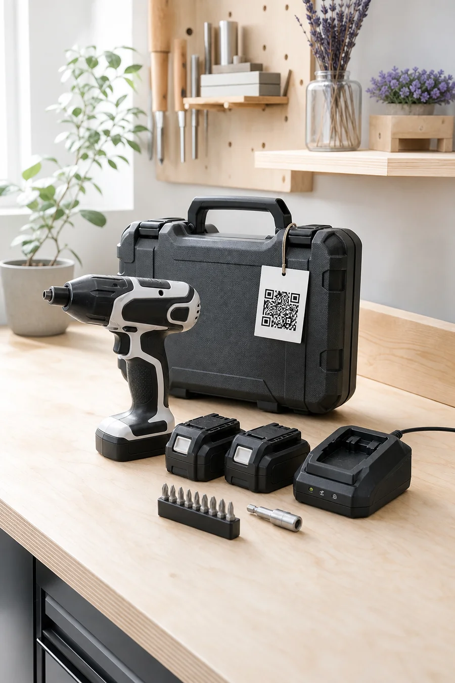 Professional cordless precision tool, batteries and accessories with a QR service tag in a bright modern maker studio