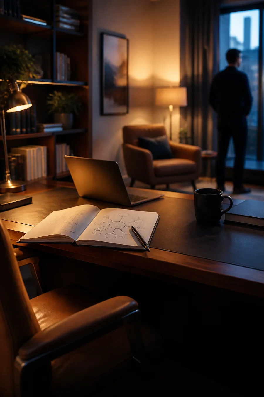 Warm executive coaching studio with a laptop and a notebook containing a framework diagram