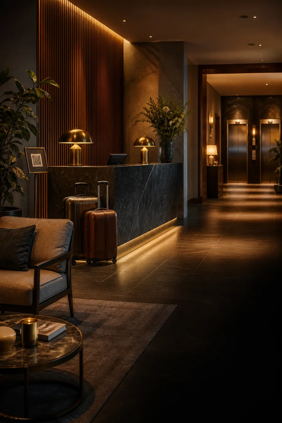 Warm premium hotel lobby with concierge desk, luggage, elevators and a QR guest-help stand