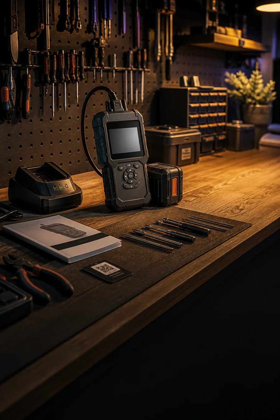 Electronic diagnostic tool, battery, charger and service materials on a workshop bench