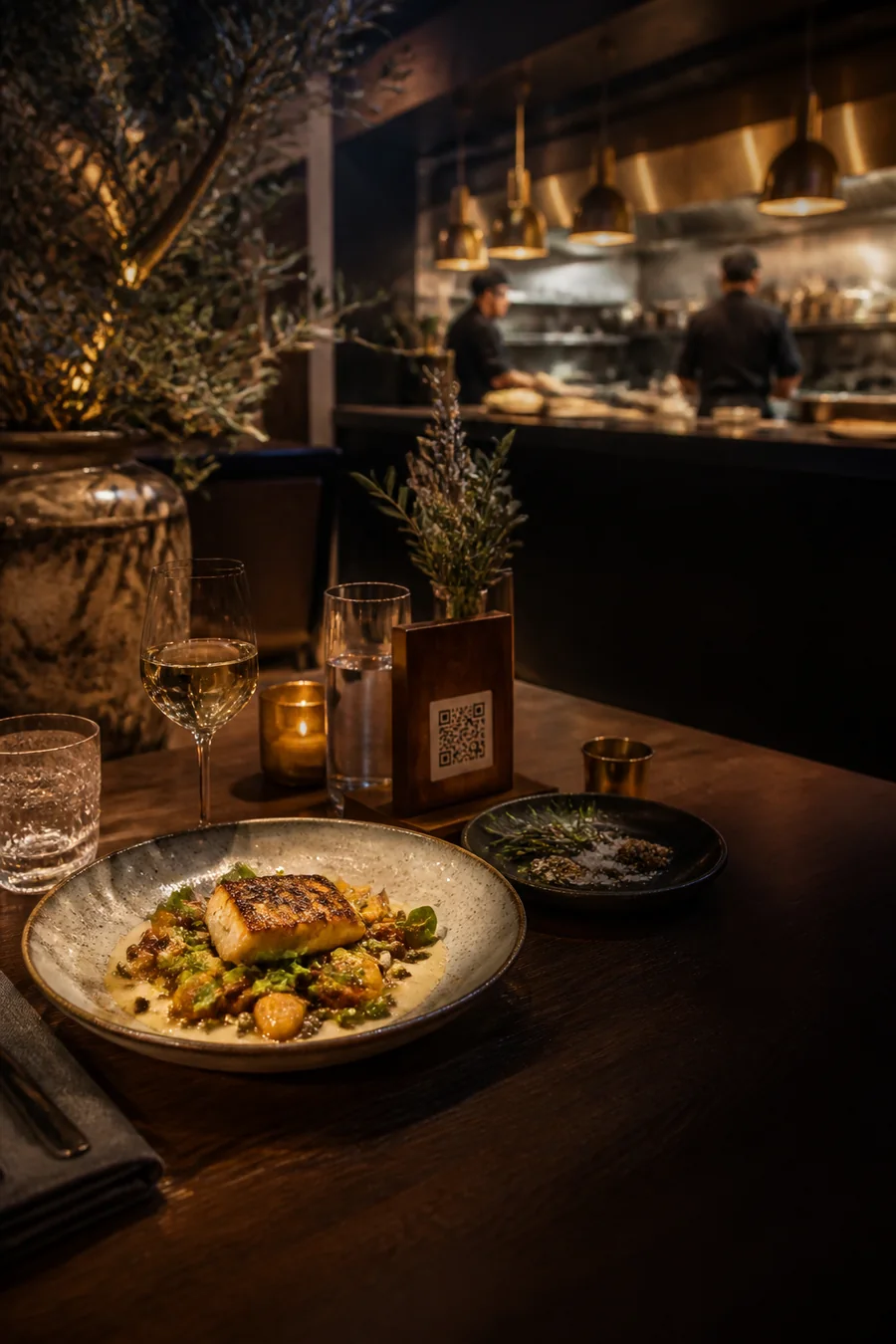 Warm restaurant table with plated food and a QR menu beside an open kitchen