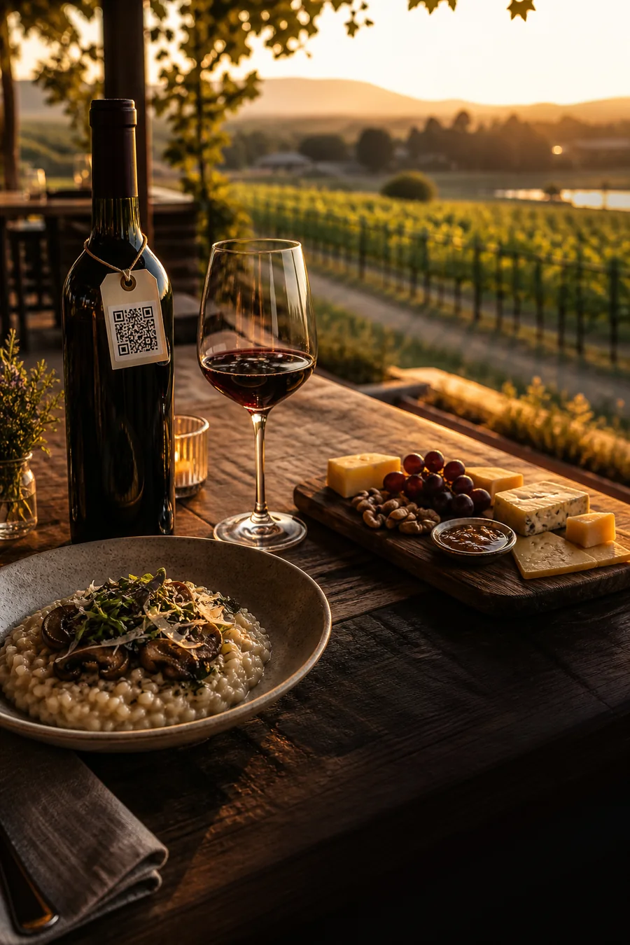 Wine bottle with a QR tag, wine and food on a vineyard table at golden hour