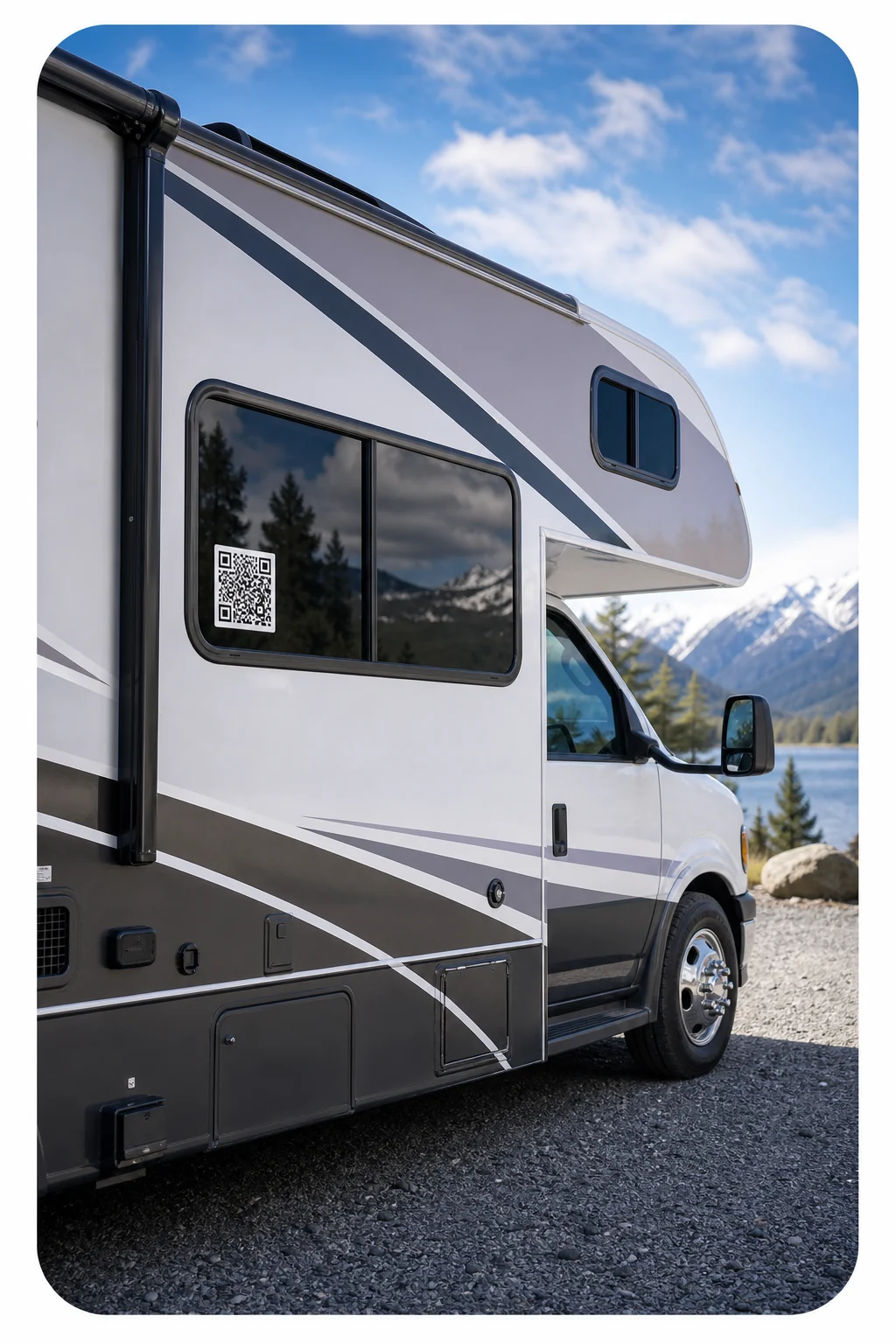 Rental RV with a QR code help decal attached to its side window