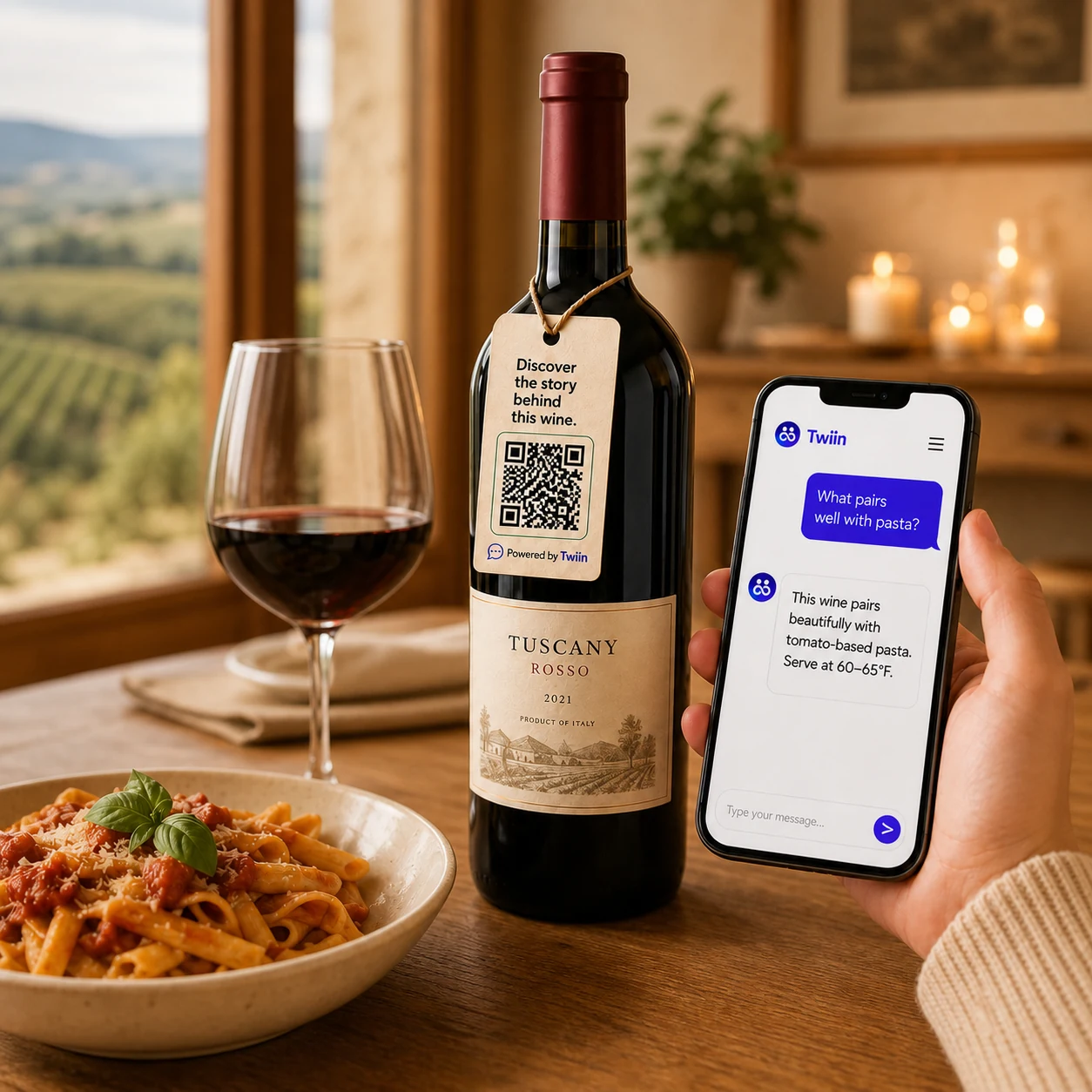 Wine bottle with a Twiin QR code beside a phone answering a food-pairing question